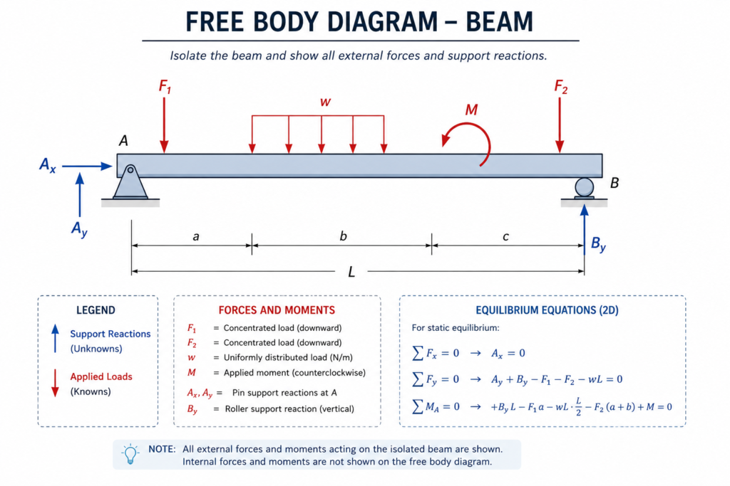Free body diagram example showing a simply supported beam with applied loads, pin support reaction, and roller support reaction in engineering mechanics