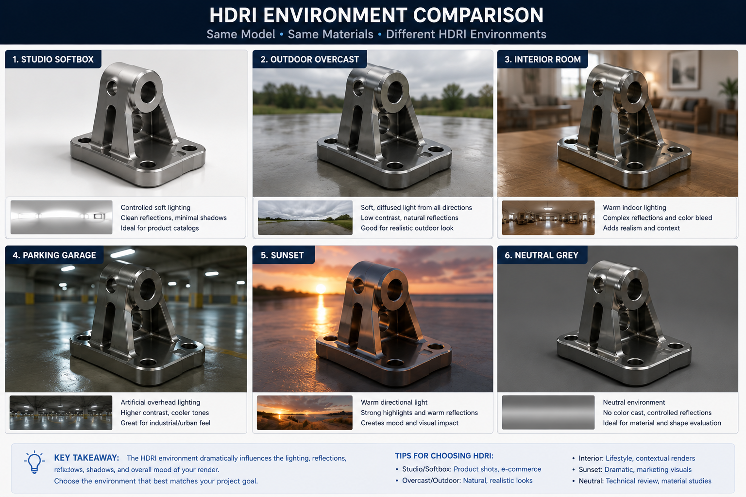 Fusion 360 HDRI comparison grid showing same product rendered under studio softbox outdoor overcast interior room parking garage sunset and grey HDRIs