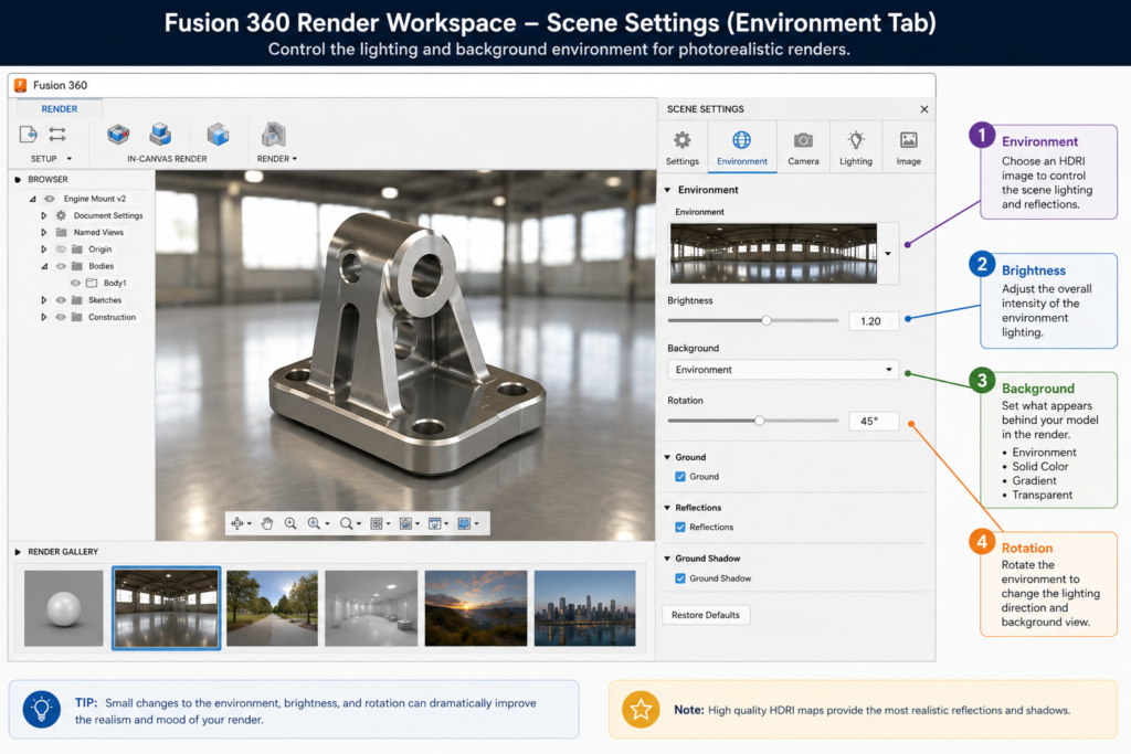Fusion 360 Scene Settings Environment panel annotated screenshot showing HDRI controls including environment thumbnail brightness background and rotation settings