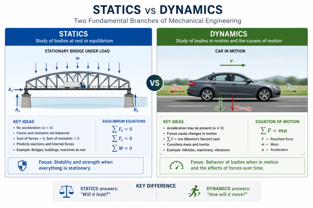 Infographic comparing statics (bridge under static load) and dynamics (vehicle in accelerating motion) as the two primary branches of engineering mechanics.