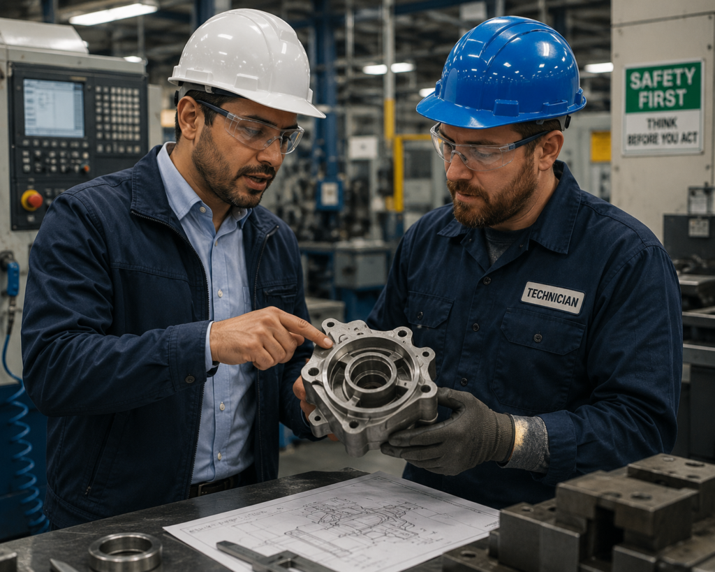 Mechanical engineer and manufacturing technician discussing a component on the production floor