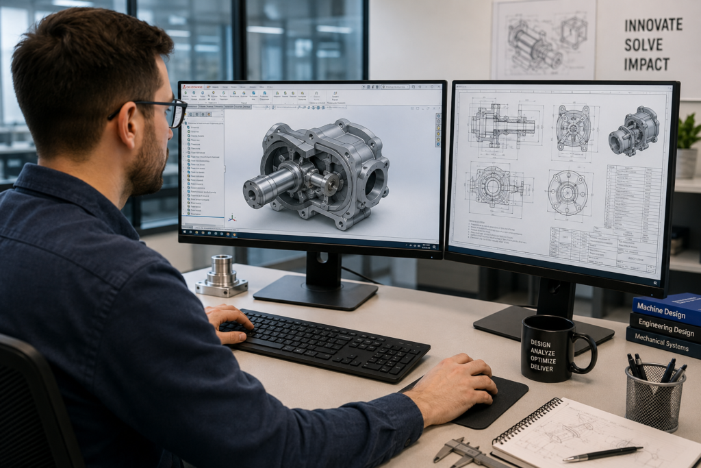Mechanical engineer using CAD software to design a 3D mechanical component