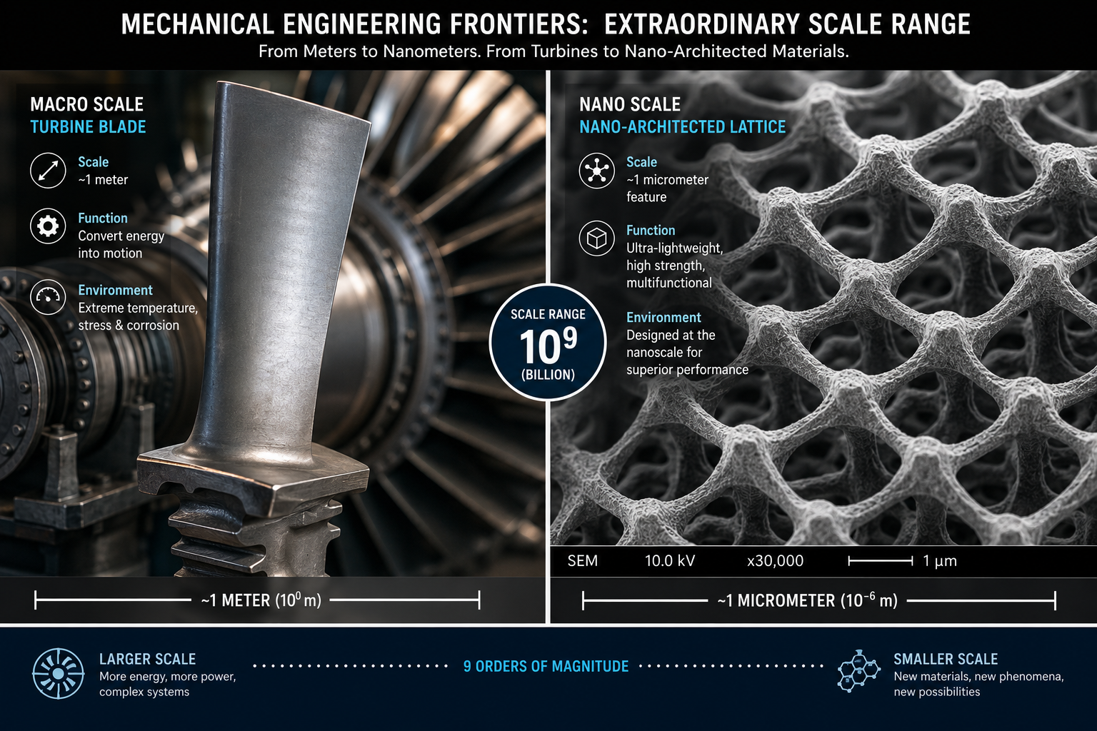 Mechanical engineering scale range comparison turbine blade at macro scale versus nano-architected lattice material at nanometre scale under electron microscopy