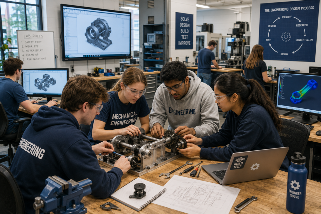 Mechanical engineering students collaborating on a hands-on design project in a well-equipped university laboratory