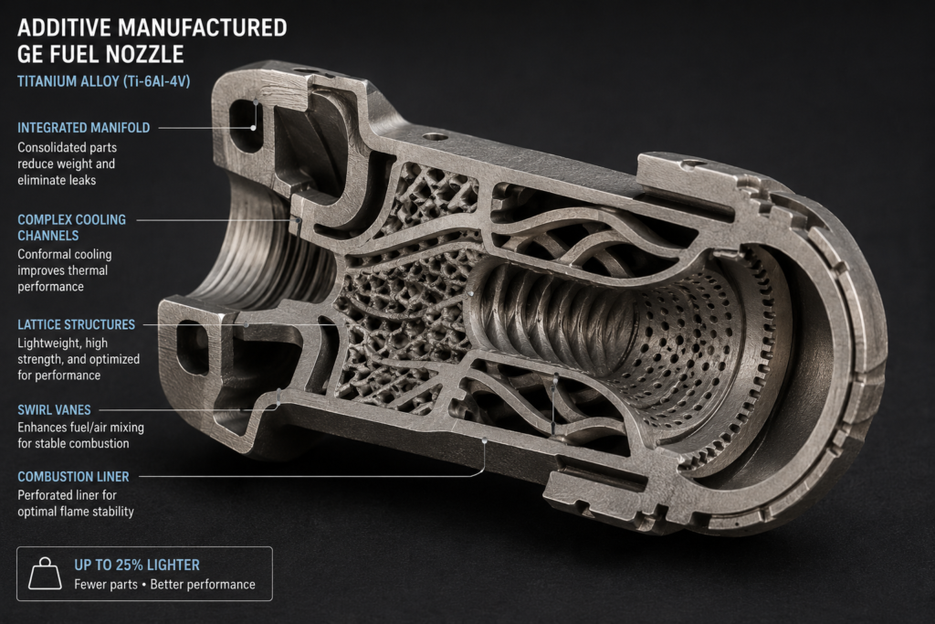 Metal additive manufactured aerospace component cross-section showing internal lattice structure and complex cooling channels produced by laser powder bed fusion