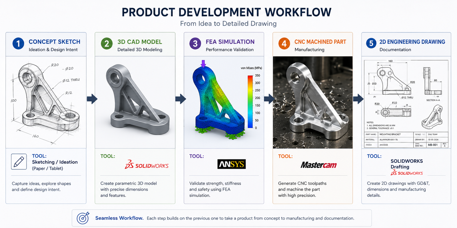 Product development workflow diagram showing how CAD software types are used at each stage from concept design through 3D modelling FEA simulation and CNC manufacturing to 2D documentation