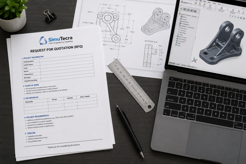 RFQ document for CAD drafting services laid out on a desk alongside engineering drawings and CAD software on a laptop, representing the procurement process for technical drawing services