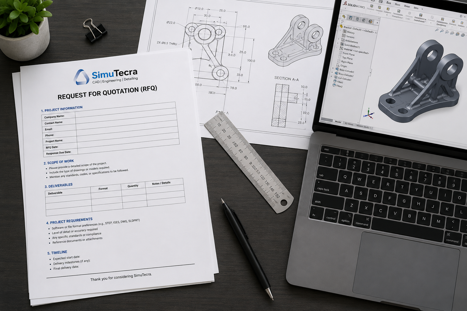 RFQ document for CAD drafting services laid out on a desk alongside engineering drawings and CAD software on a laptop, representing the procurement process for technical drawing services