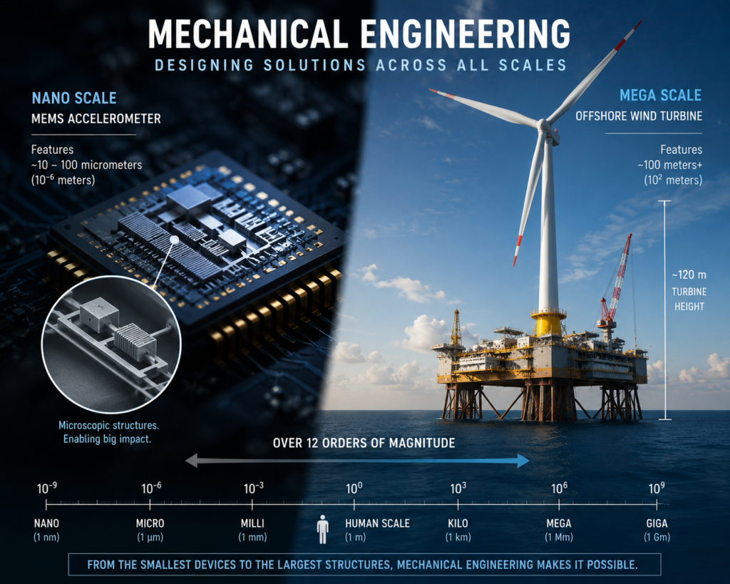 Scale comparison illustrating mechanical engineering applications from micro-scale MEMS devices to mega-scale wind turbine structures