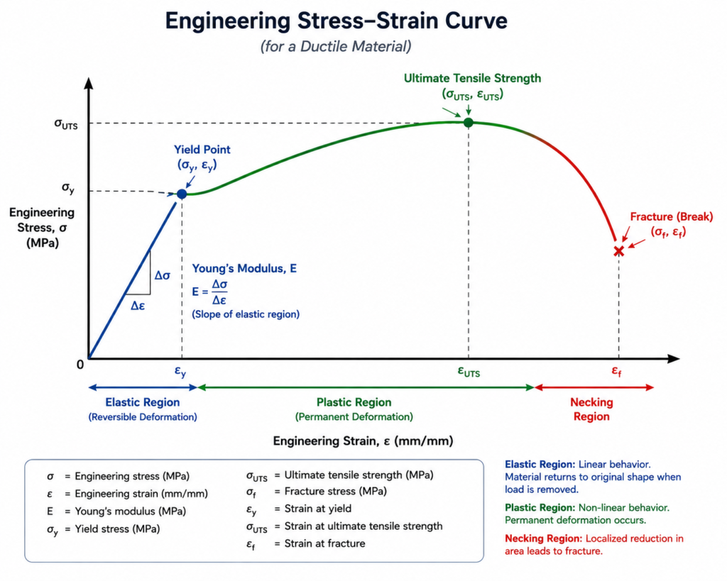 Stress-strain curve diagram for a typical engineering material showing elastic region, yield strength, plastic deformation, and ultimate tensile strength