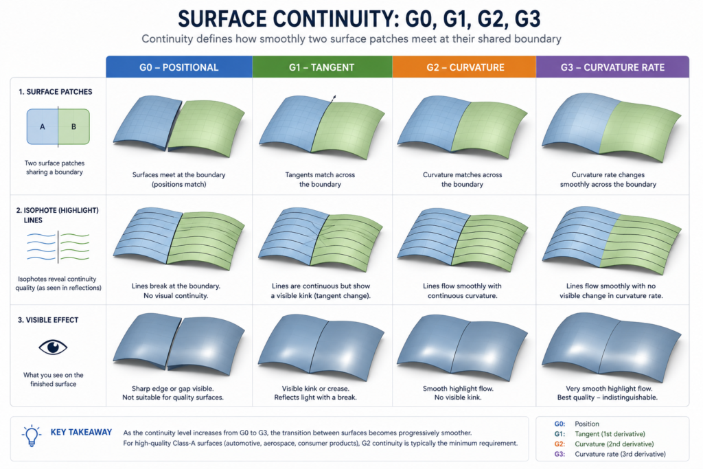Surface continuity diagram comparing G0 position G1 tangent G2 curvature and G3 continuity at a shared boundary between two NURBS surface patches with highlight line quality comparison