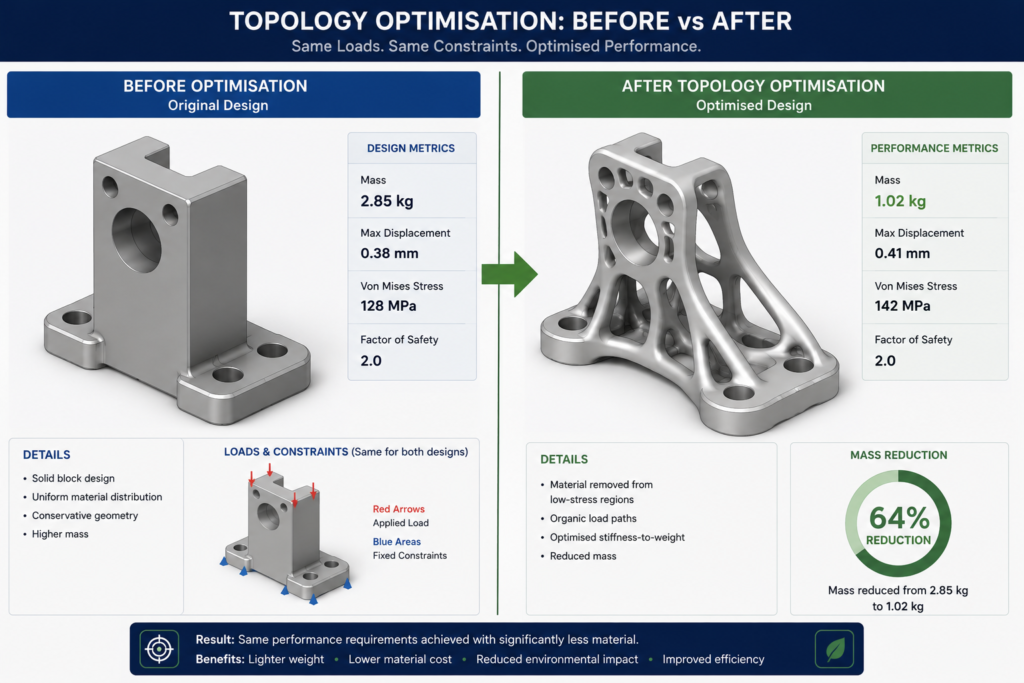 Topology optimisation result comparison showing original solid CAD model versus AI-optimised organic lattice structure with 45% mass reduction for additive manufacturing