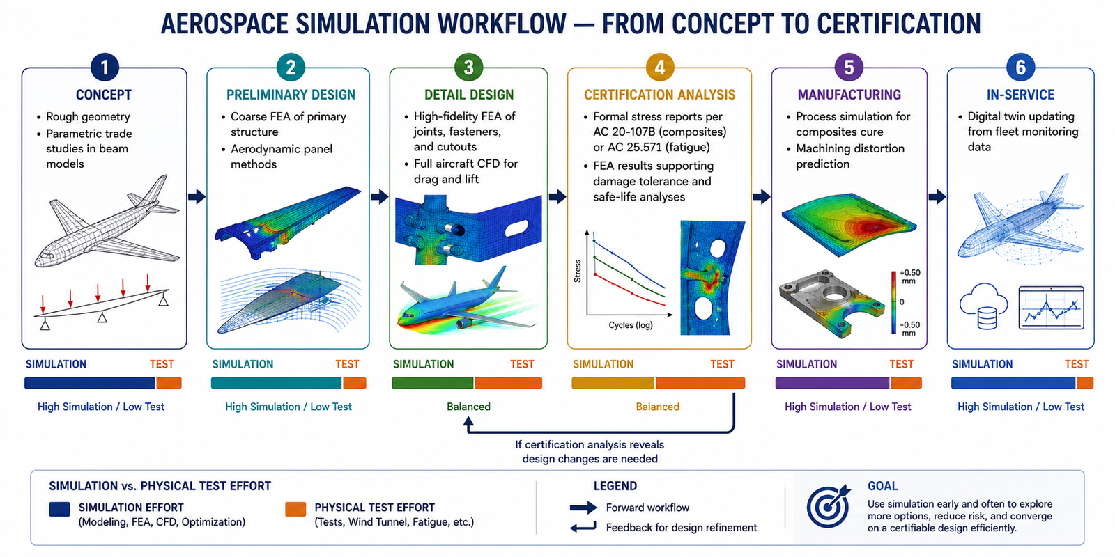 Aerospace Simulation Workflow, From Concept to Certification A horizontal flow diagram with six stages from left to right: (1) Concept, rough geometry, parametric trade studies in beam models; (2) Preliminary Design, coarse FEA of primary structure, aerodynamic panel methods; (3) Detail Design, high-fidelity FEA of joints, fasteners, and cutouts; full aircraft CFD for drag and lift; (4) Certification Analysis, formal stress reports per AC 20-107B (composites) or AC 25.571 (fatigue); FEA results supporting damage tolerance and safe-life analyses; (5) Manufacturing, process simulation for composites cure, machining distortion prediction; (6) In-Service, digital twin updating from fleet monitoring data. Arrows connect each stage, with a feedback loop from later stages back to detail design when certification analysis reveals design changes needed. The proportion of simulation vs physical test effort is shown as a bar below each stage: high simulation, low test in early stages; balanced in detail design; low simulation, high test only for final certification