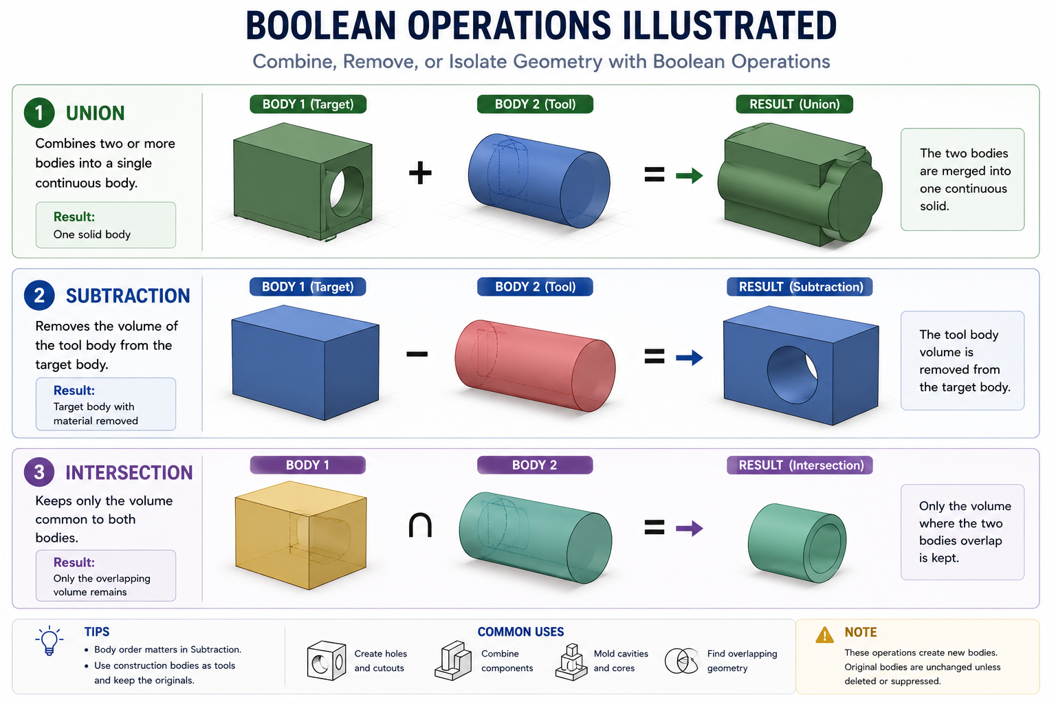 Boolean Operations Illustrate Three-part diagram showing Union combining two overlapping bodies into one solid, Subtraction removing the tool body volume from the target body to create a cavity, and Intersection keeping only the shared volume between two overlapping bodies