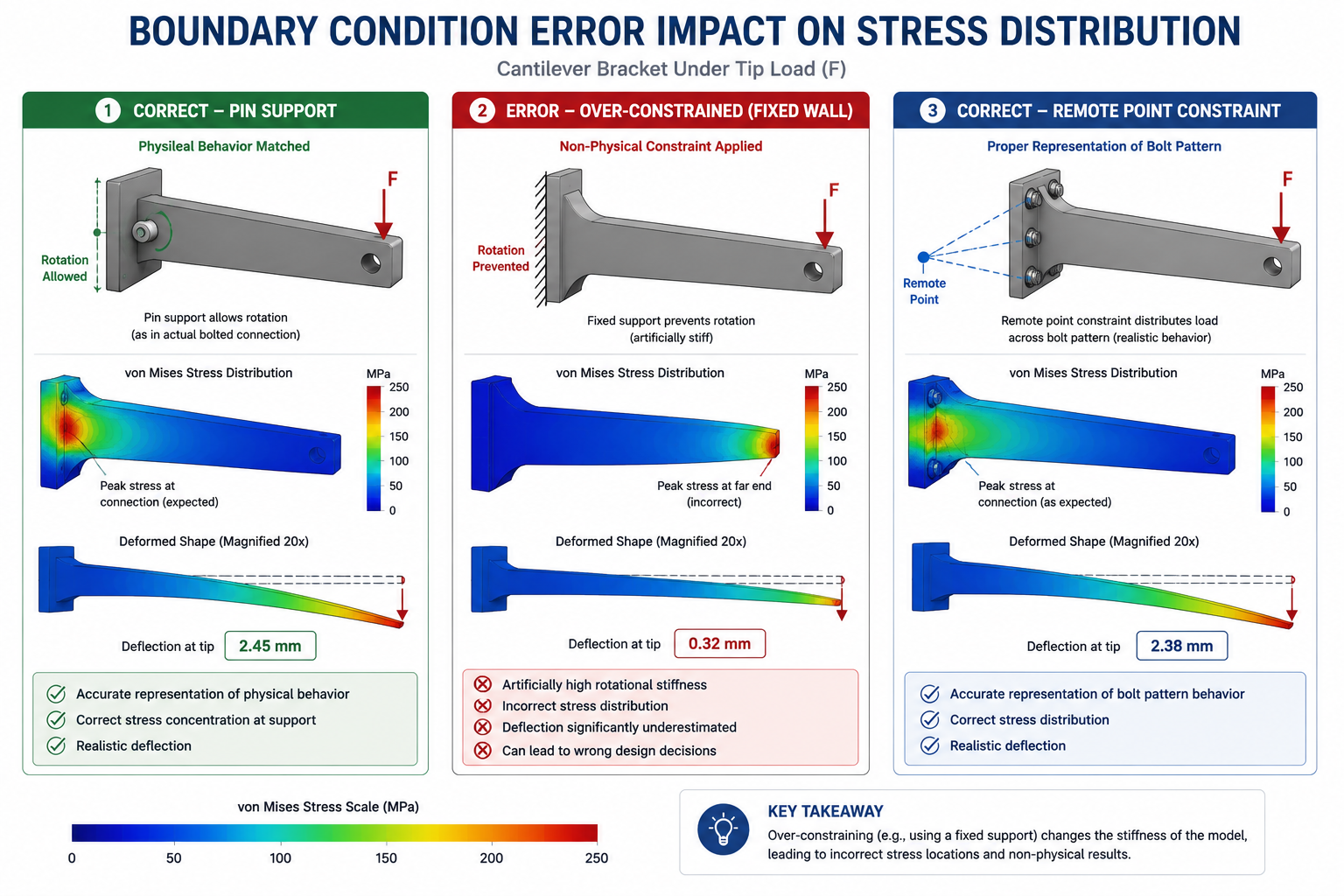Boundary Condition Error Impact on Stress Distribution Three-panel comparison of a cantilever bracket under tip load: (1) correctly modeled pin support showing rotation allowed and correct peak stress at connection, (2) over-constrained fixed wall showing artificially high rotational stiffness and artificially low deflection with peak stress incorrectly at far end, (3) remote point constraint correctly applied to represent distributed bolt pattern showing stress distribution matching physical behavior, with stress scale and deflection values labeled under each panel