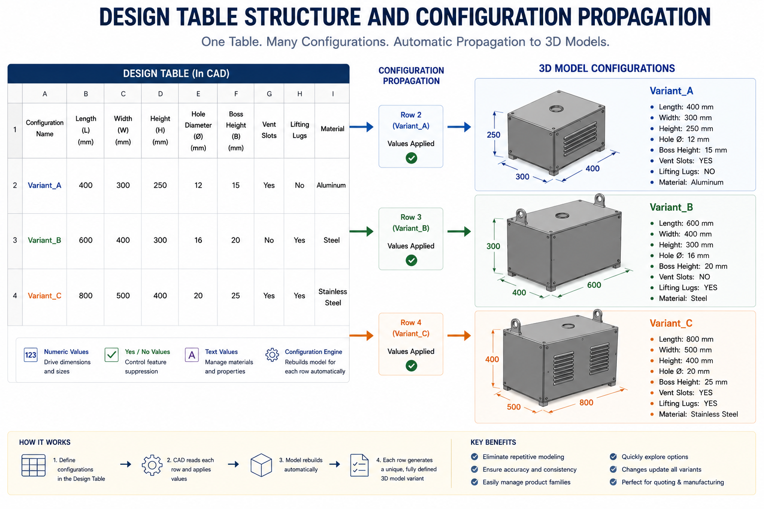 Design Table Structure and Configuration Propagation Diagram showing a design table spreadsheet on the left with rows for each configuration, connected by arrows to three different 3D model representations on the right showing how each row produces a distinct variant with different dimensions and feature states