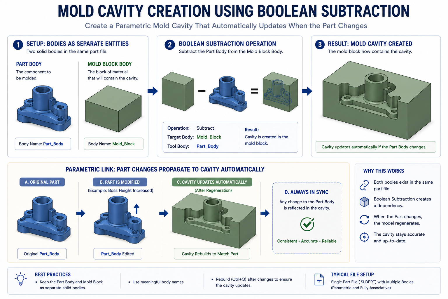 Mold Cavity Creation Using Boolean Subtraction Step-by-step diagram showing the parametric mold cavity workflow: first the part body and mold block body as separate entities, then the Boolean subtraction operation, then the resulting cavity in the mold block, with an arrow showing how part changes propagate to update the cavity automatically