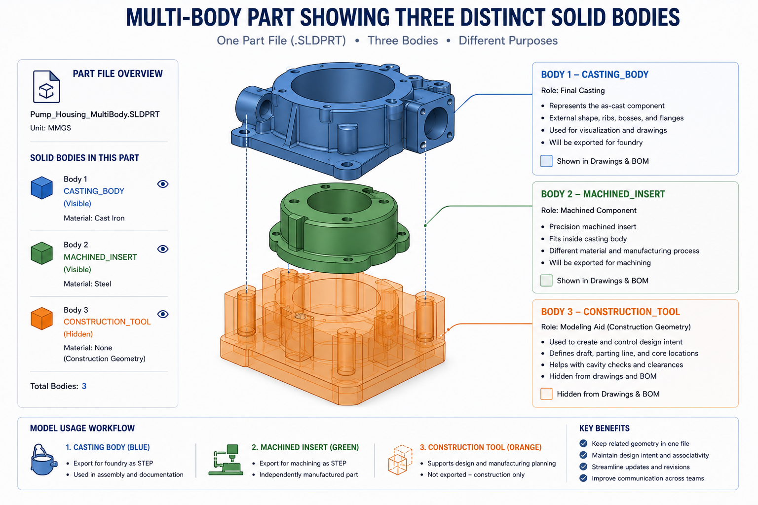 Multi-Body Part Showing Three Distinct Solid Bodies Place immediately after the H1 title. This visual immediately communicates the core concept that one part file can contain multiple distinct solid bodies with different roles, setting up the entire article's content before the introduction begins.