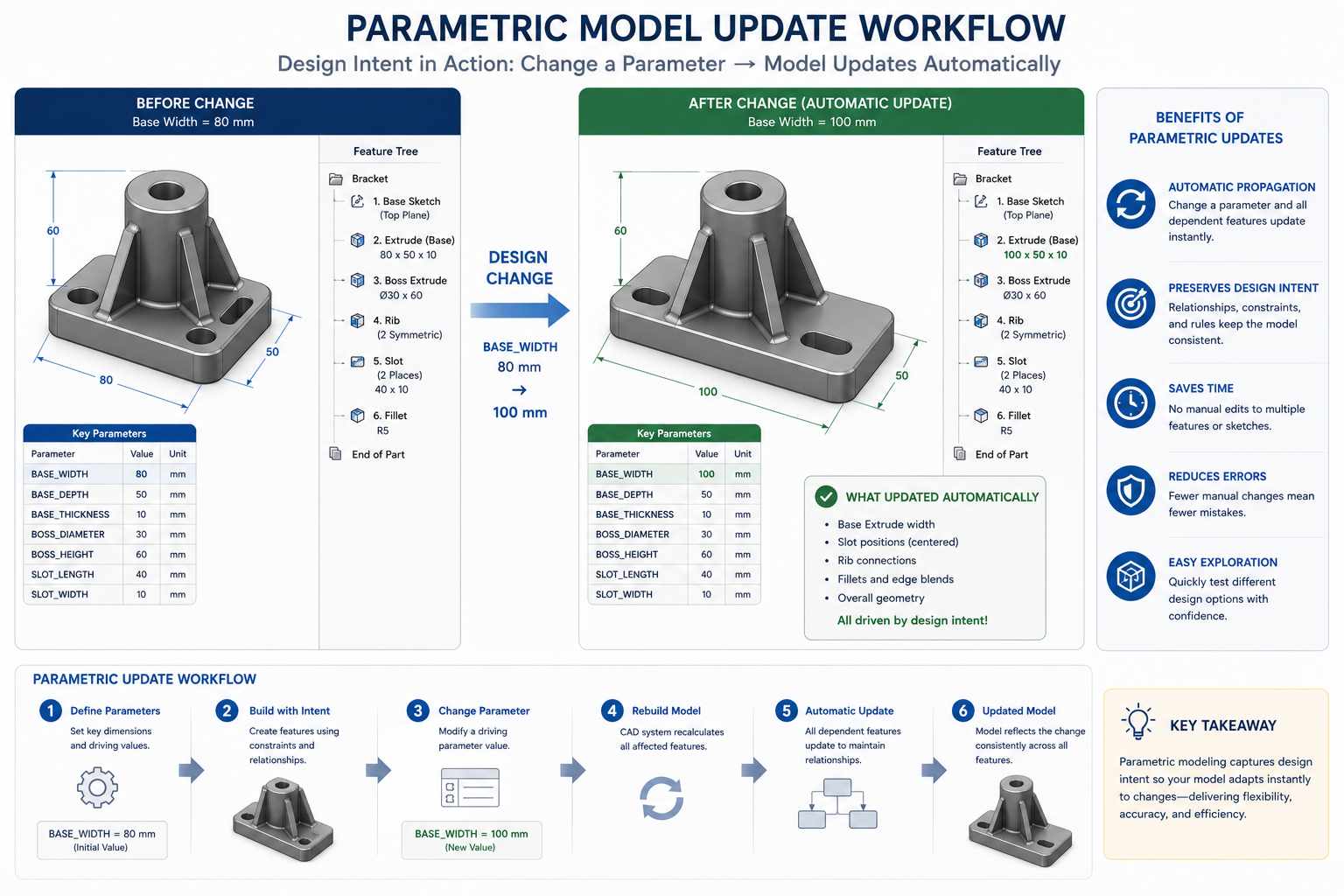 Parametric Model Update Workflow Side-by-side comparison showing a CAD model before and after a design change, demonstrating how parametric design intent propagates updates automatically