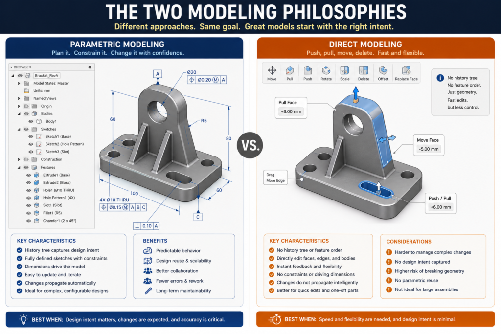 The Two Modeling Philosophies Split illustration left side shows a structured parametric feature tree in a CAD tool with constraints and dimensions labeled; right side shows a designer directly pushing and pulling geometry faces on a 3D model with no visible history tree