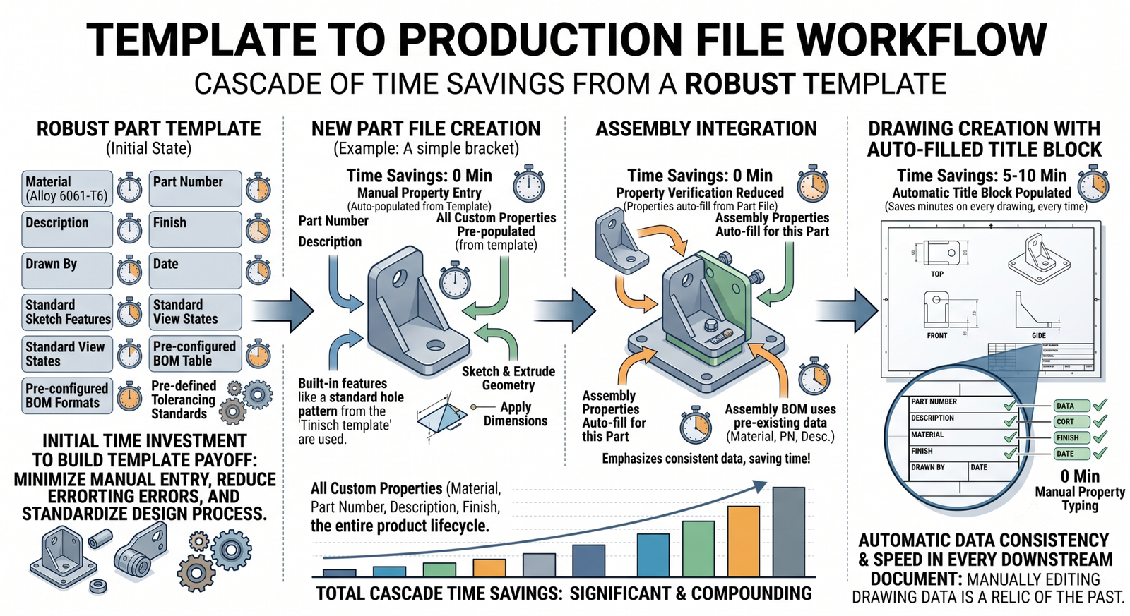 Template to Production File Workflow Flowchart showing how a part template flows into a new part file with properties pre-populated, then into an assembly, then into a drawing with title block auto-filled, demonstrating the cascade of time savings from a single well-built template