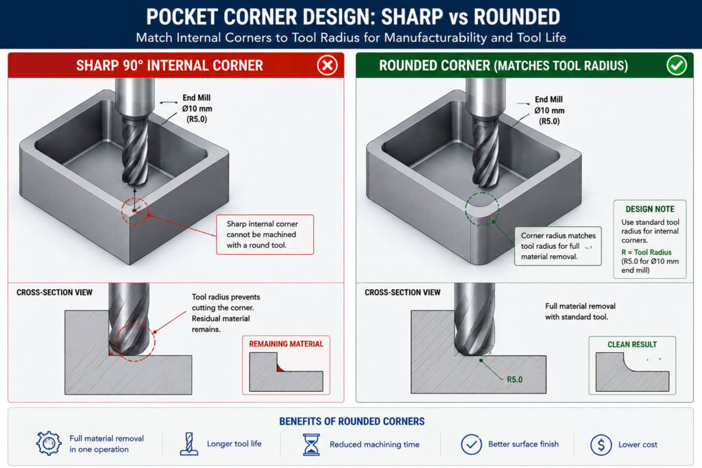 CAD comparison of a sharp internal pocket corner requiring EDM versus a redesigned corner matching a standard end mill radius