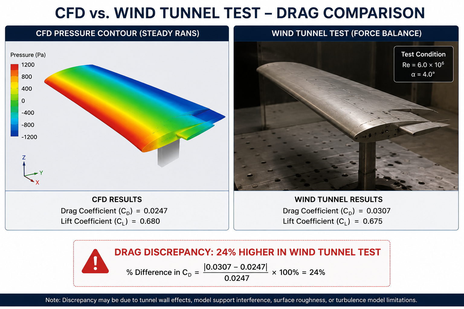 CFD drag prediction versus wind tunnel measurement showing 24 percent discrepancy caused by CFD  setup mistakes errors