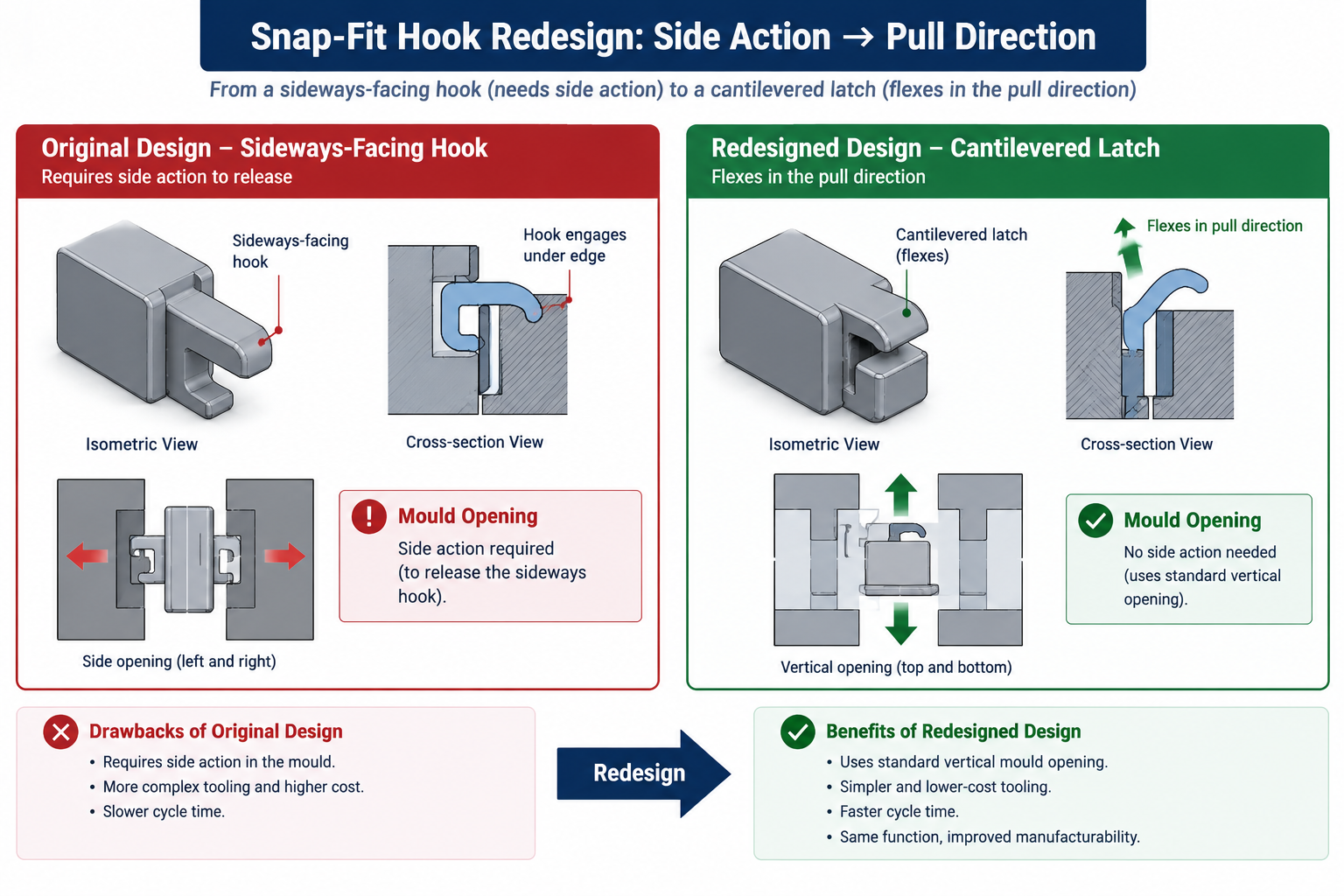 Comparison of a sideways snap-fit hook requiring tooling side action versus a cantilevered redesign needing no slide
