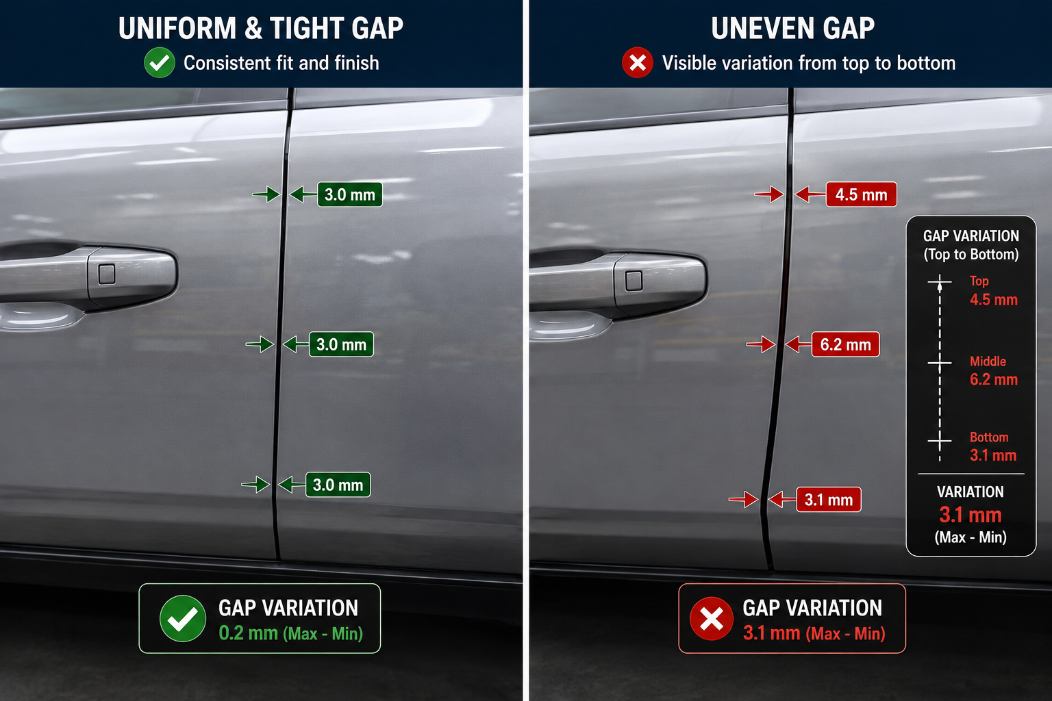 Comparison of uniform versus uneven automotive door panel gap caused by tolerance stack-up