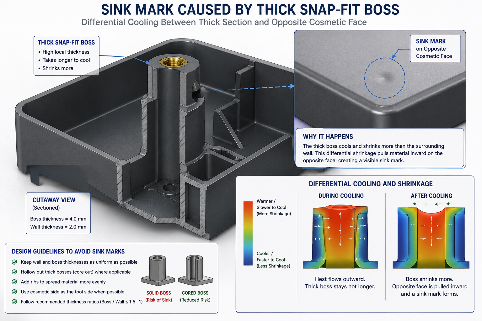 Cutaway diagram of an injection moulded boss showing sink mark caused by uneven wall thickness cooling