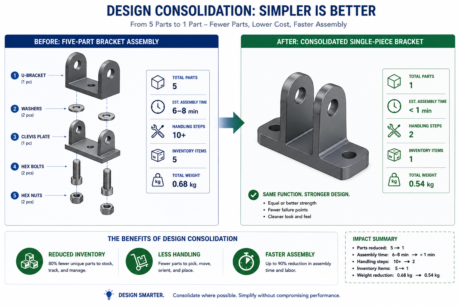 Exploded view comparing five-part bracket assembly to consolidated single-piece DFA redesign