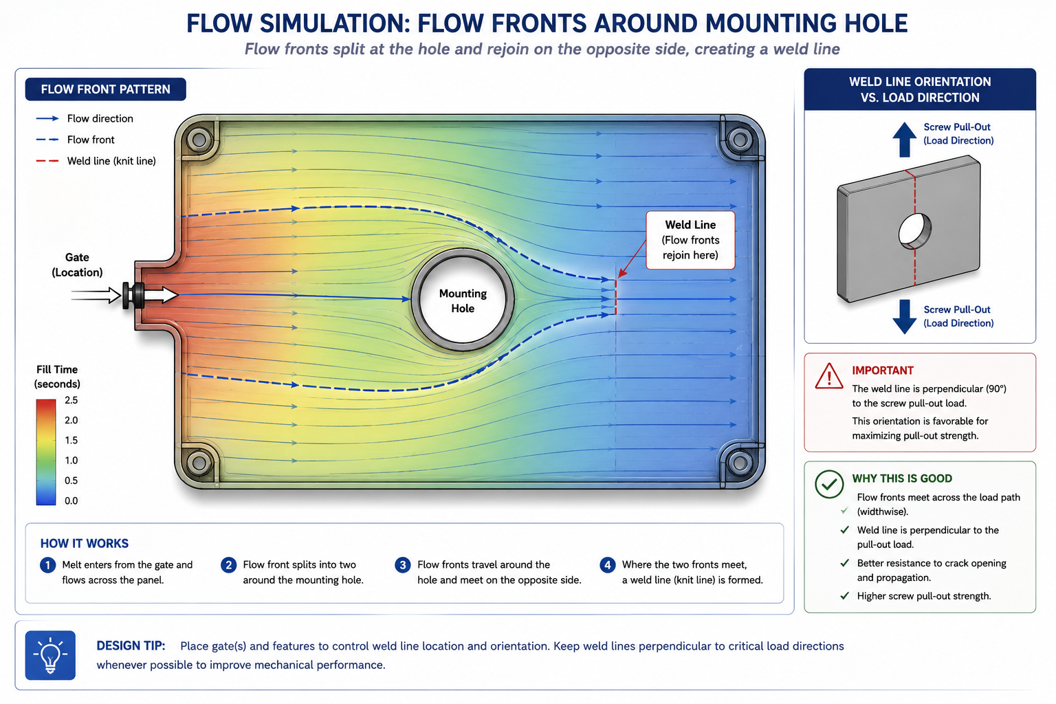 Flow simulation diagram showing weld line formation around a mounting hole relative to structural load direction