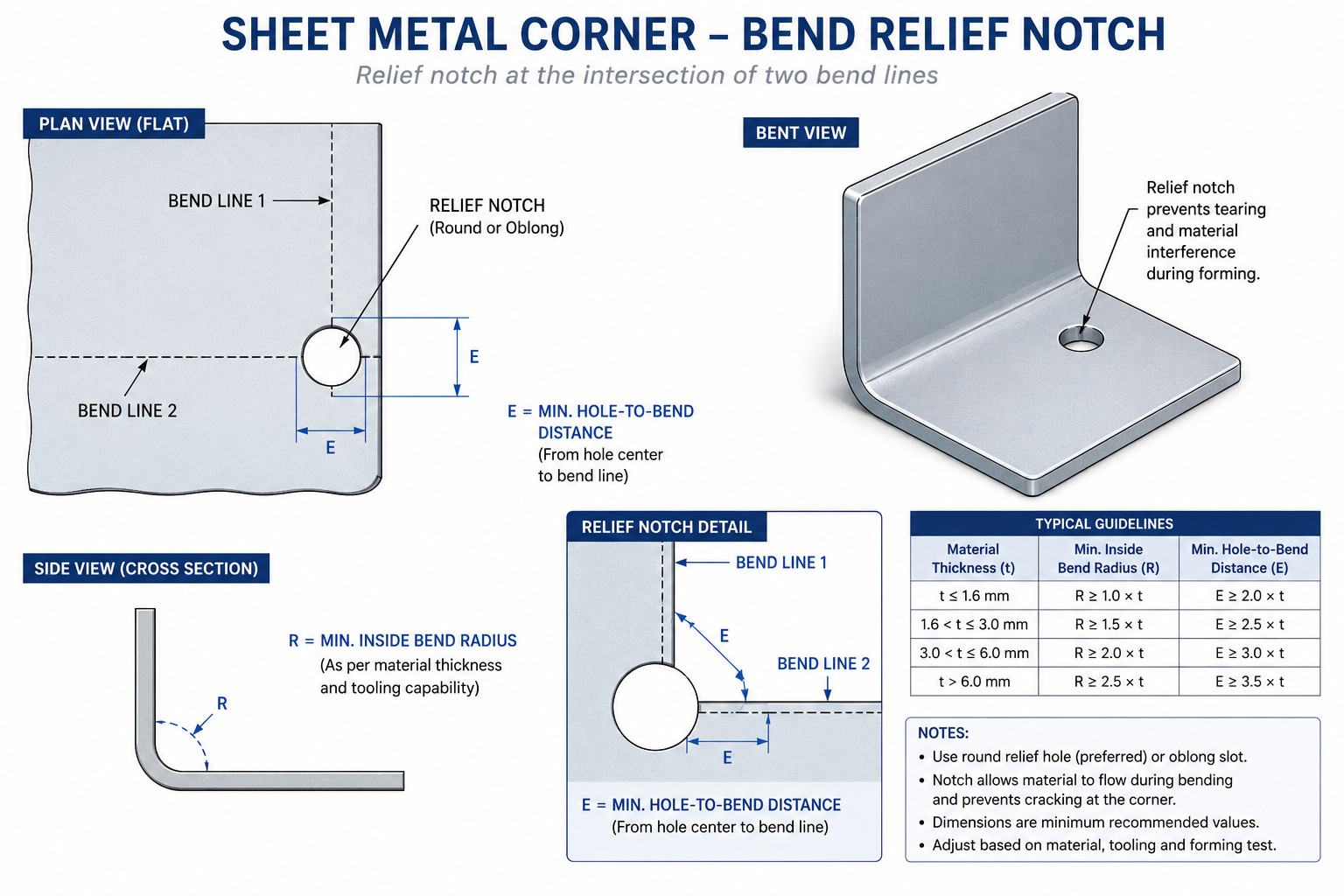 Sheet metal bend relief notch diagram showing minimum bend radius and hole clearance distances