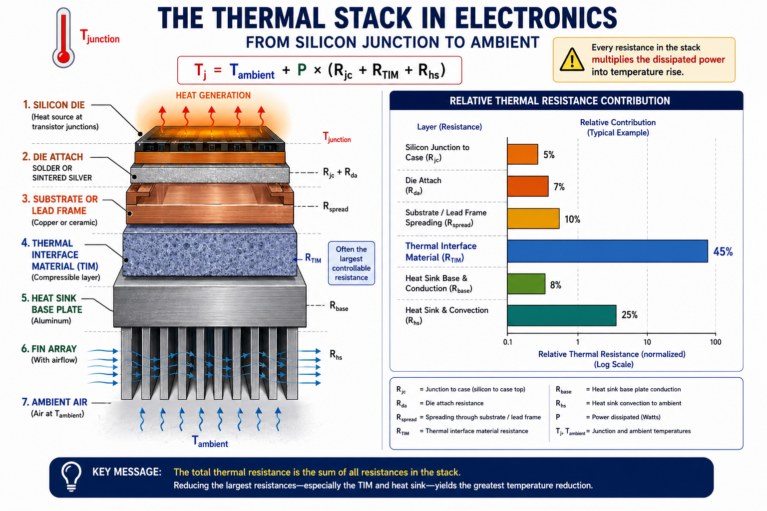 The Thermal Stack in Electronics, From Silicon Junction to Ambient A vertical cross-section diagram showing the complete thermal resistance stack from silicon die to ambient air. From top to bottom: Silicon die (heat source, orange glow indicating heat generation at transistor junctions); Die attach solder or sintered silver (thin layer, labeled R_jc + R_da); Substrate or lead frame (copper or ceramic); Thermal interface material, TIM (compressible layer, labeled R_TIM with callout 'Often the largest controllable resistance'); Heat sink base plate (aluminium); Fin array with airflow arrows (labeled R_hs with airflow direction arrows); Ambient air (labeled T_ambient). On the right side, a vertical thermal resistance bar chart shows the relative contribution of each layer: TIM is the tallest bar (largest resistance), followed by heat sink, then die attach, then substrate, then spreading resistance. At the top, a thermometer icon labeled T_junction with the equation: T_j = T_ambient + P × (R_jc + R_TIM + R_hs). The message: every resistance in the stack multiplies the dissipated power into temperature rise.