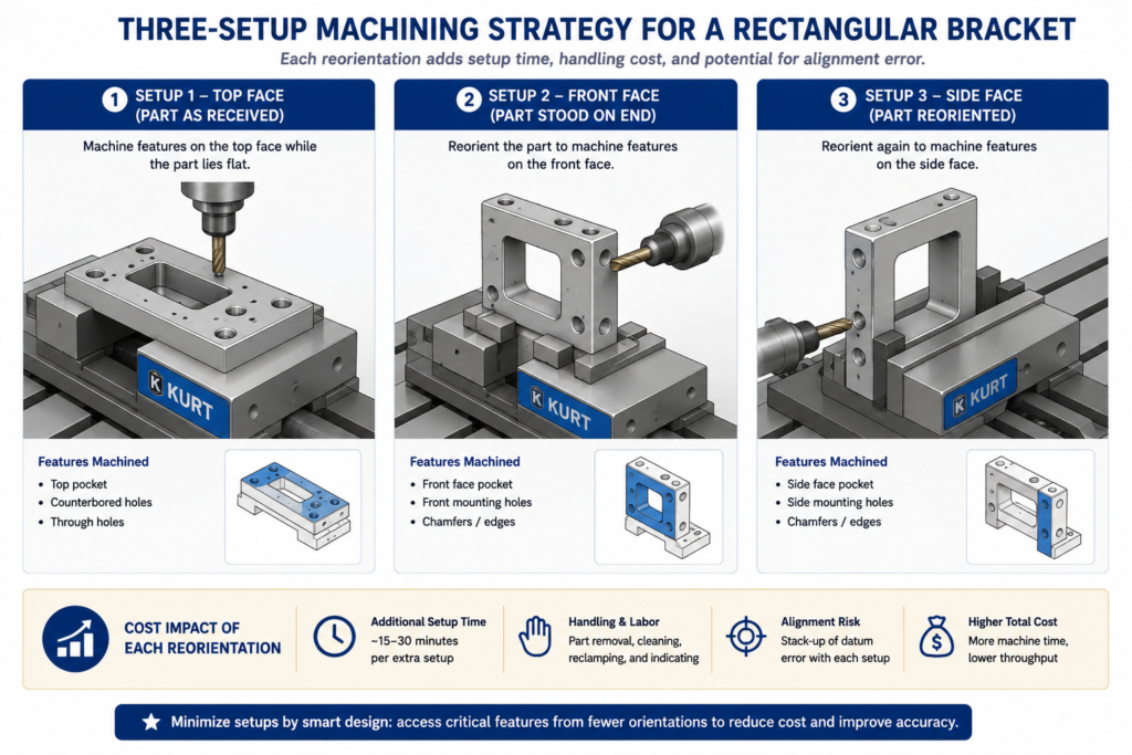 Three-panel diagram showing a rectangular part in three CNC machine setups for top, front, and side face features