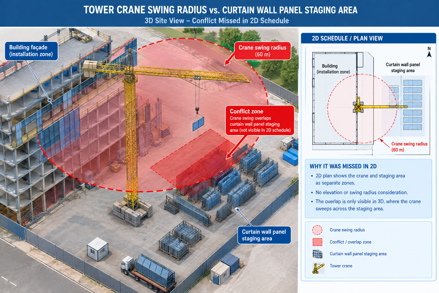 3D diagram showing a tower crane swing radius overlapping a curtain wall panel staging area, a conflict invisible in a 2D schedule