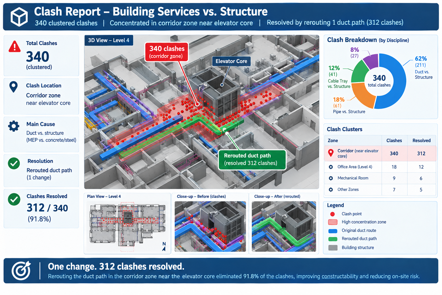 Clash detection report visualization showing clustered conflicts near an elevator core resolved by a single ductwork reroute