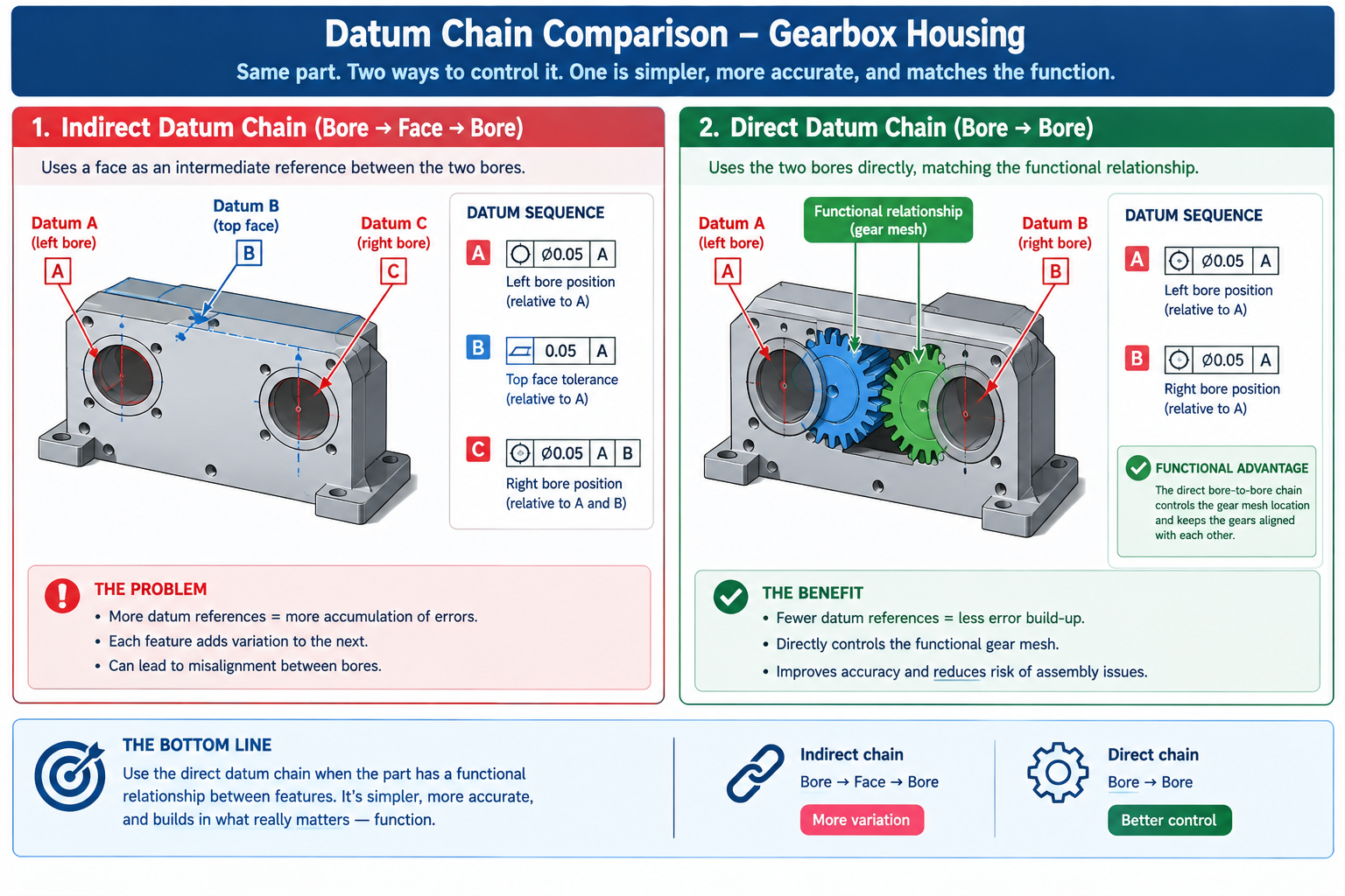 Comparison diagram of an indirect bore-to-face-to-bore datum chain versus a direct bore-to-bore datum chain for gear mesh accuracy