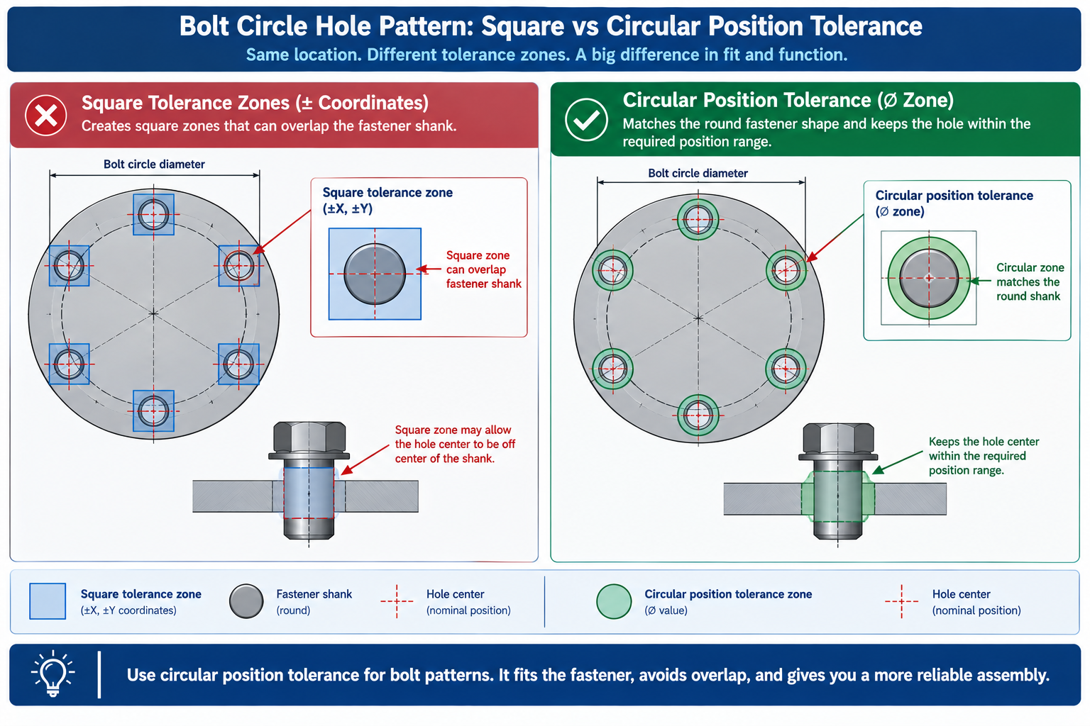 Comparison of square plus-minus tolerance zones versus circular GD&T position tolerance zones for a bolt circle hole pattern