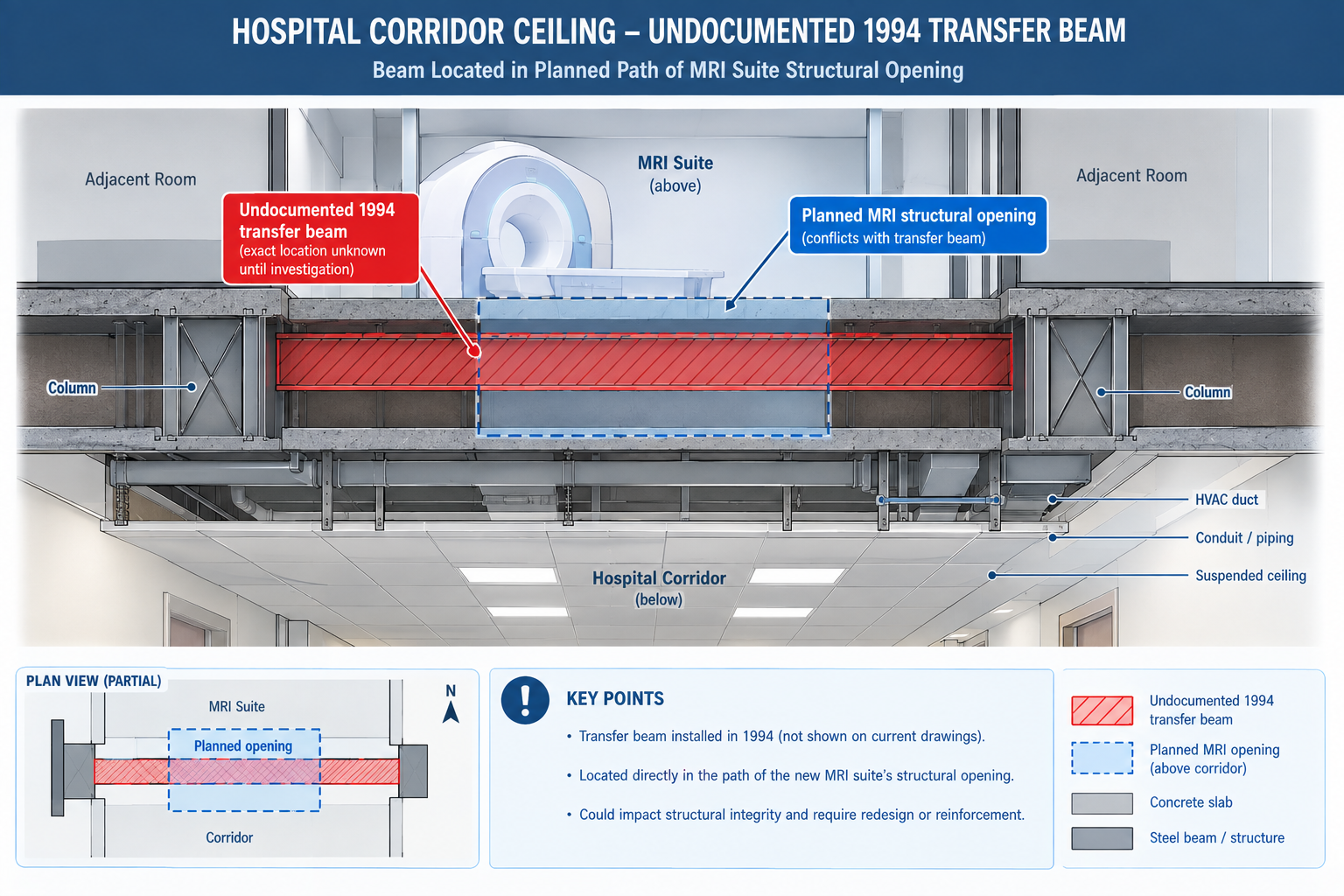 Cross-section diagram showing an undocumented structural beam conflicting with a planned MRI suite opening in a hospital renovation