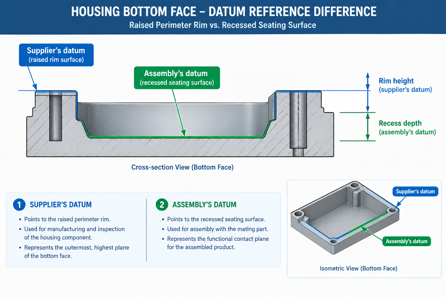 Cross-section diagram showing two different datum interpretations of a housing bottom face with raised rim and recessed seating surface
