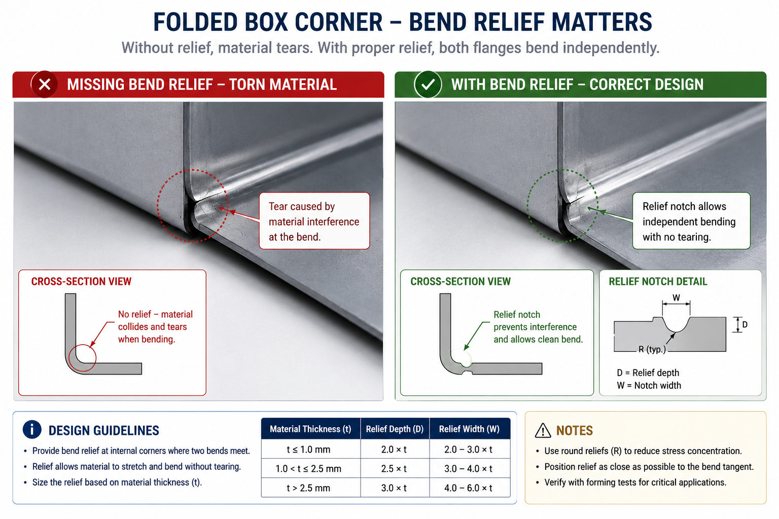 Diagram comparing a torn sheet metal corner missing a bend relief notch versus a correctly relieved corner
