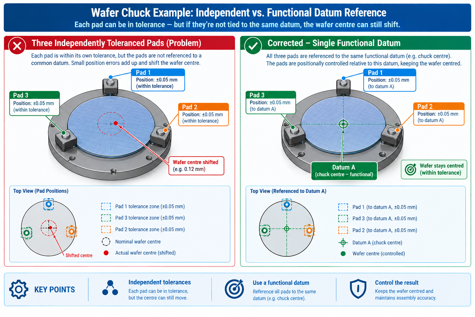 Diagram comparing three independently toleranced wafer chuck pads causing centring error versus a corrected single-datum reference scheme