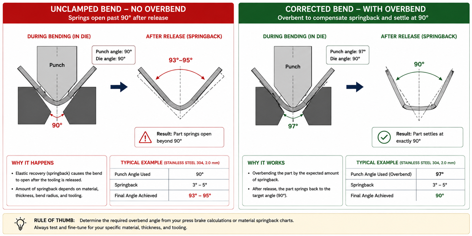 Diagram illustrating sheet metal springback showing an unbent 90-degree target angle versus an overbent punch angle compensating for elastic recovery