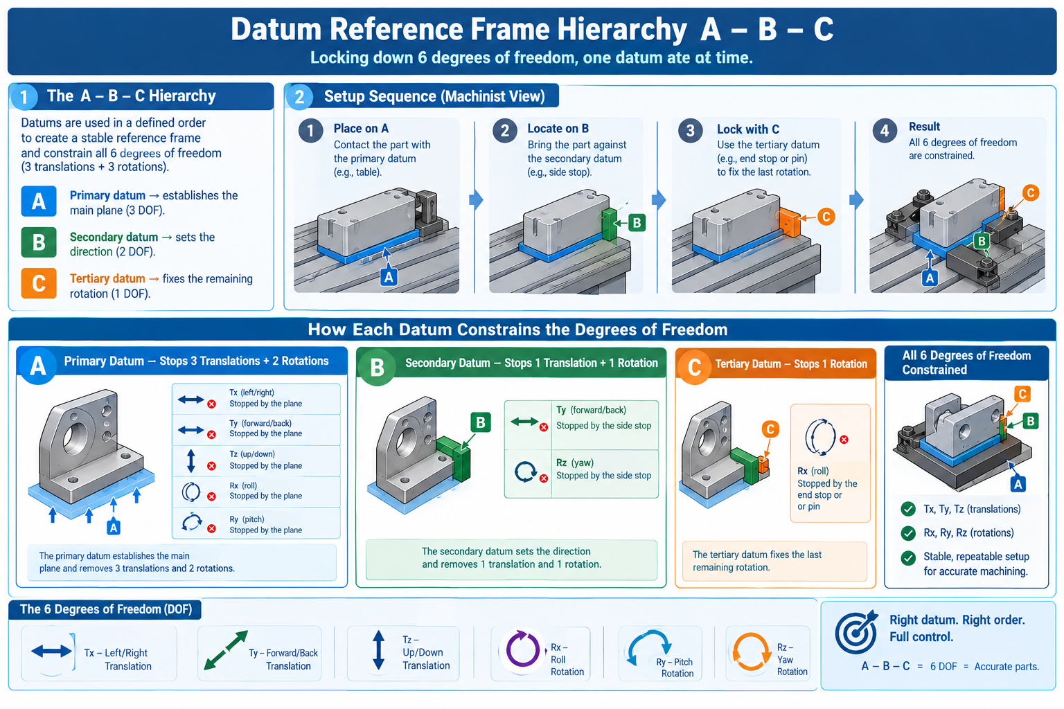 Diagram showing the primary, secondary, and tertiary datum reference frame constraining six degrees of freedom for machining setup