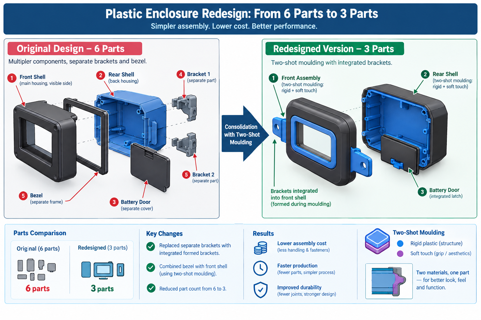 Exploded diagram comparing a six-part enclosure assembly to a consolidated three-part redesign using two-shot moulding