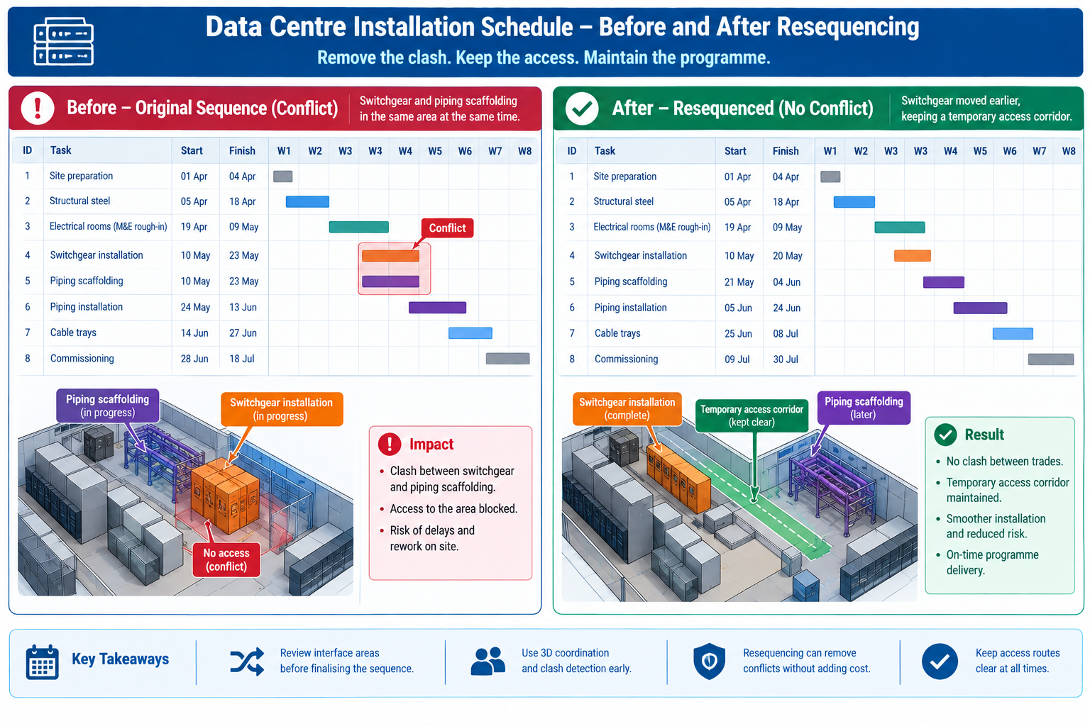 Gantt chart comparison showing a scheduling conflict between switchgear installation and piping scaffolding versus a resequenced version avoiding it