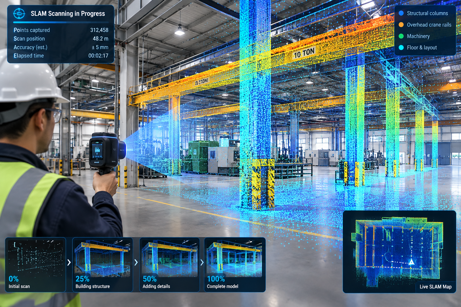 Handheld SLAM scanner capturing a manufacturing facility bay with real-time point cloud data building up around structural columns and crane rails
