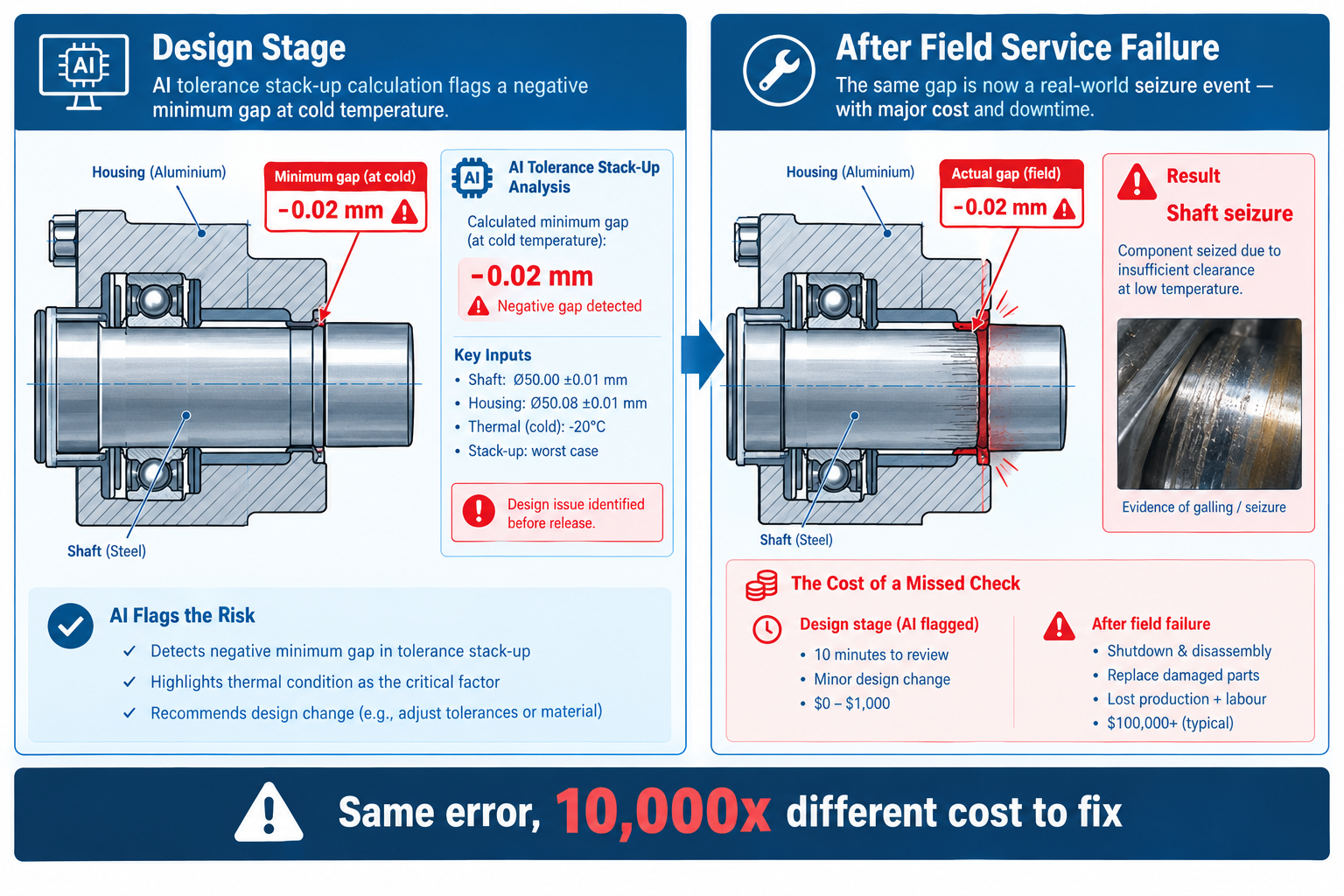 Tolerance stack-up error detected at design stage by AI versus field service seizure failure comparison diagram showing cost consequence difference of 10000x between early and late error detection