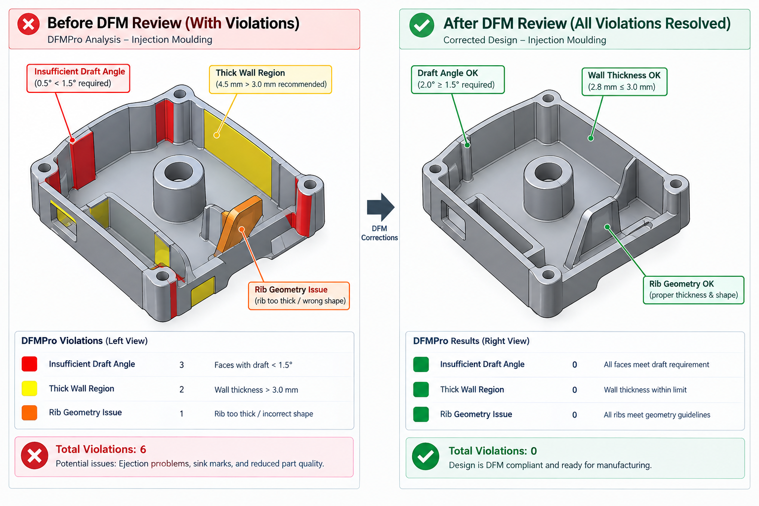 DFMPro AI DFM review results on injection moulded CAD model showing draft angle violations wall thickness issues and rib geometry violations before correction compared to compliant model after corrections